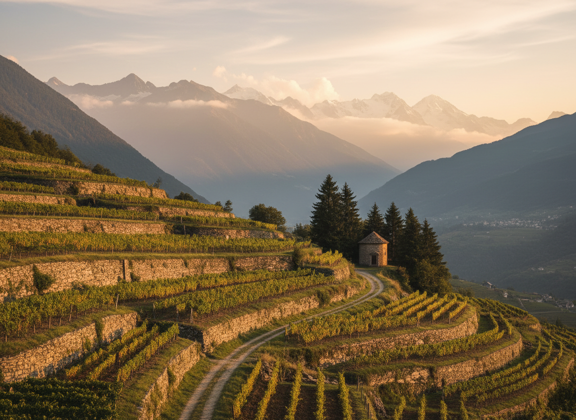 Paysage de vignes en Savoie avec montagnes en arrière-plan