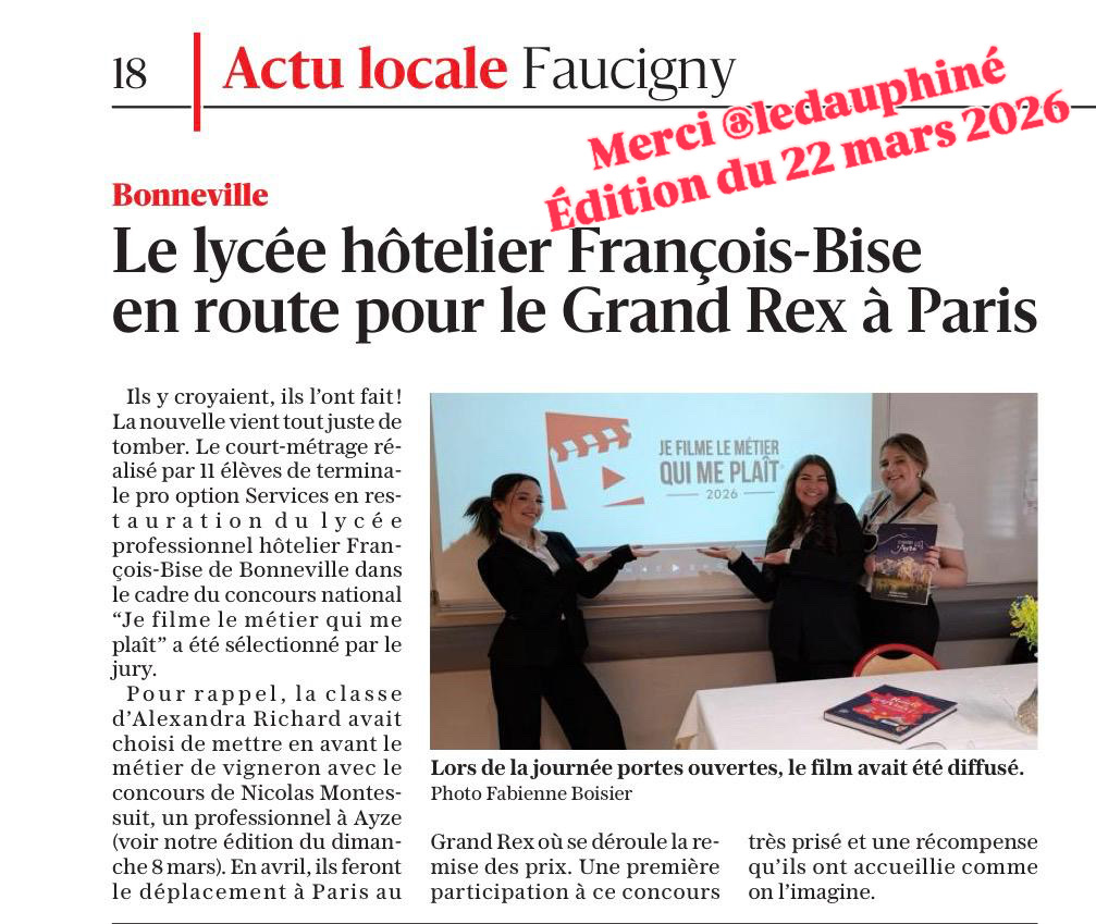 Article Le Dauphiné Libéré du 22 mars 2026 – Le lycée hôtelier François-Bise en route pour le Grand Rex à Paris