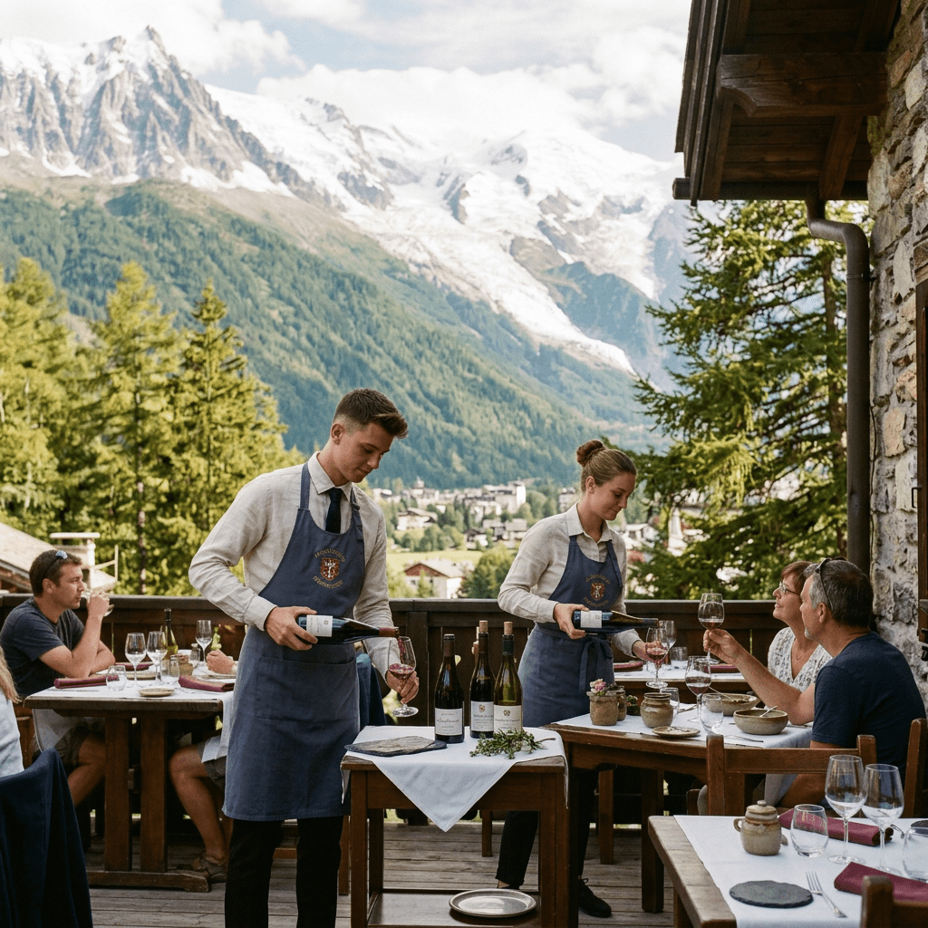 Waiters serve wine to diners on a terrace overlooking snow-capped mountains