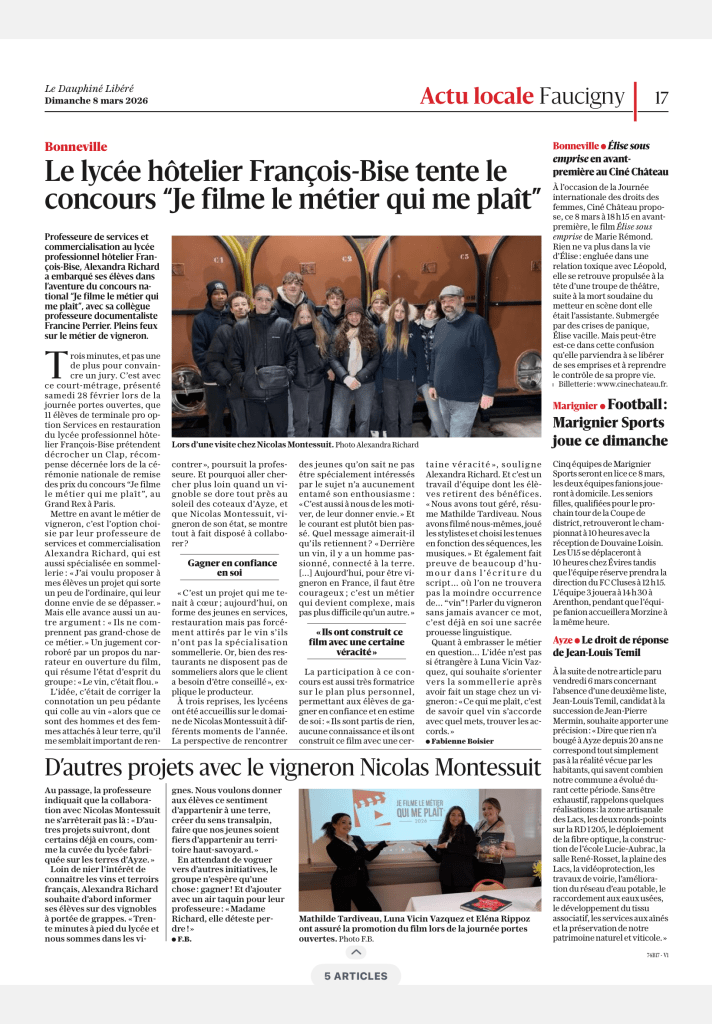 Article Le Dauphiné Libéré du 8 mars 2026 – Le lycée hôtelier François-Bise tente le concours Je filme le métier qui me plaît