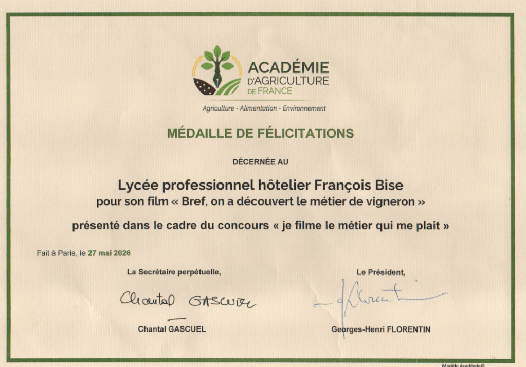Diplôme – Médaille de félicitations, Académie d'Agriculture de France