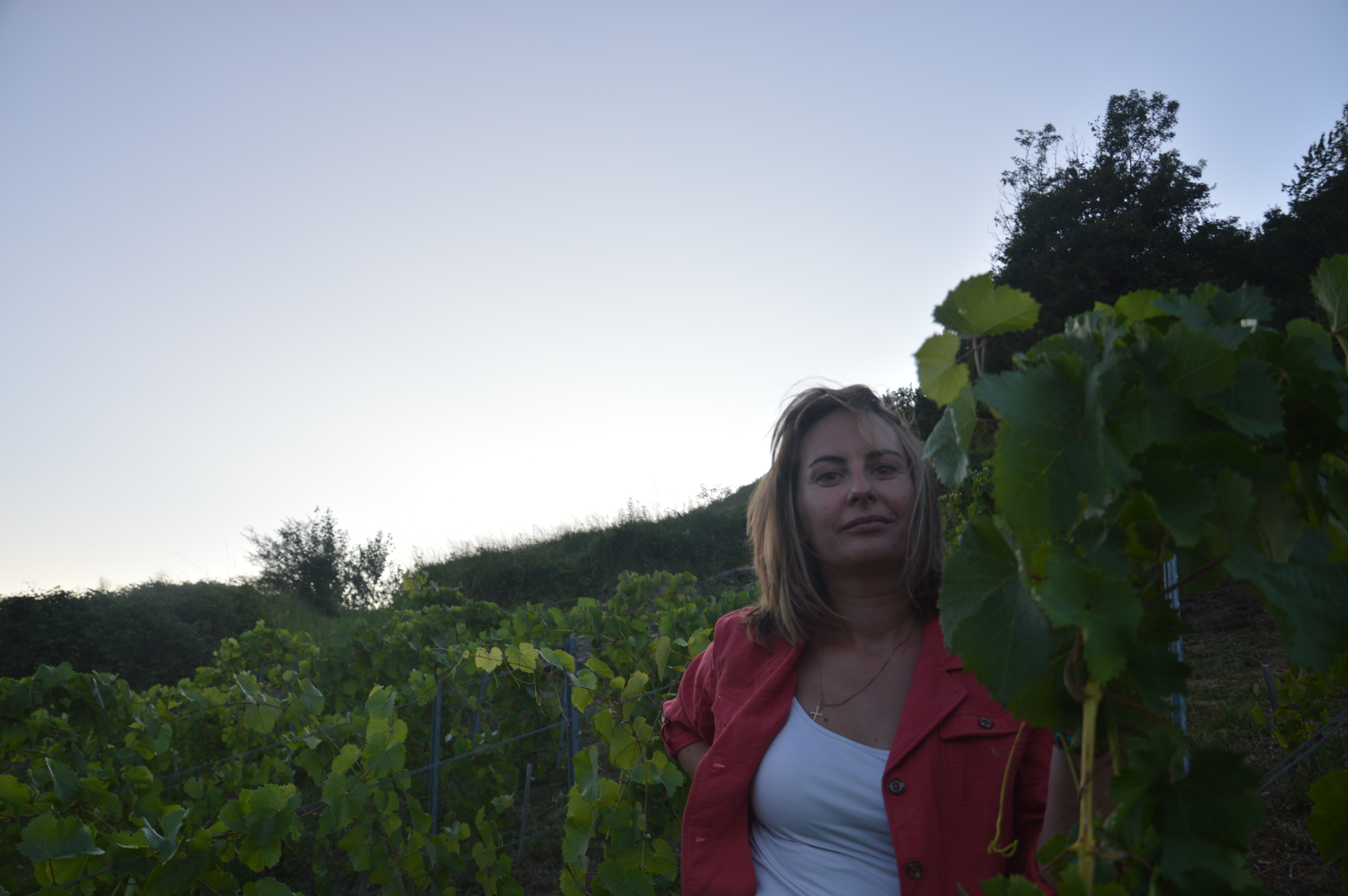 Alexandra Richard dans les vignes, veste rouge, ciel pâle en arrière-plan