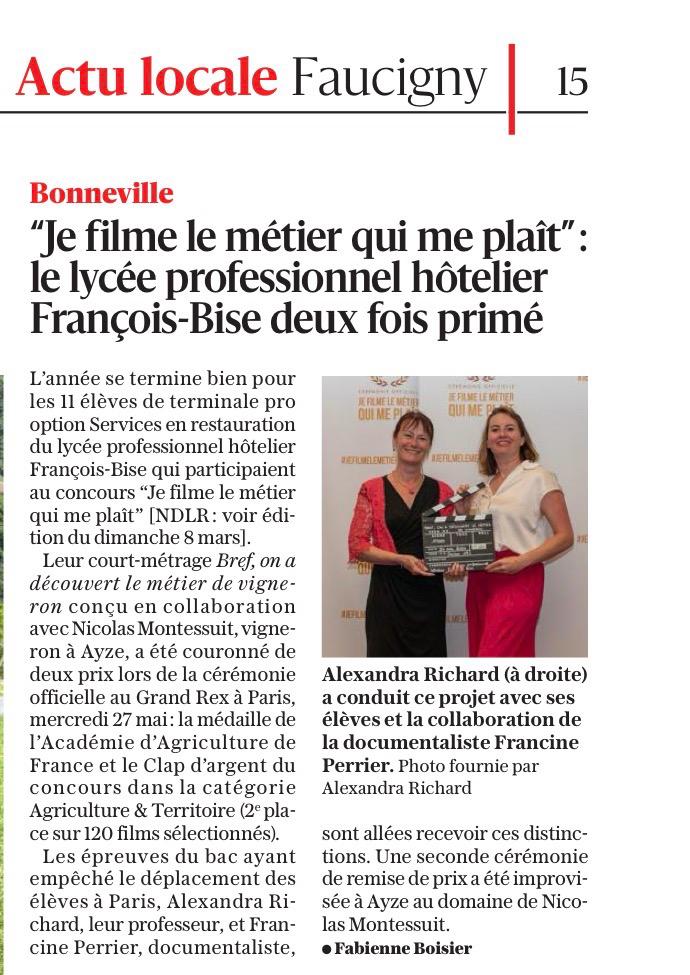 Article Le Messager – Le lycée François-Bise deux fois primé, Clap d'argent et médaille Académie d'Agriculture
