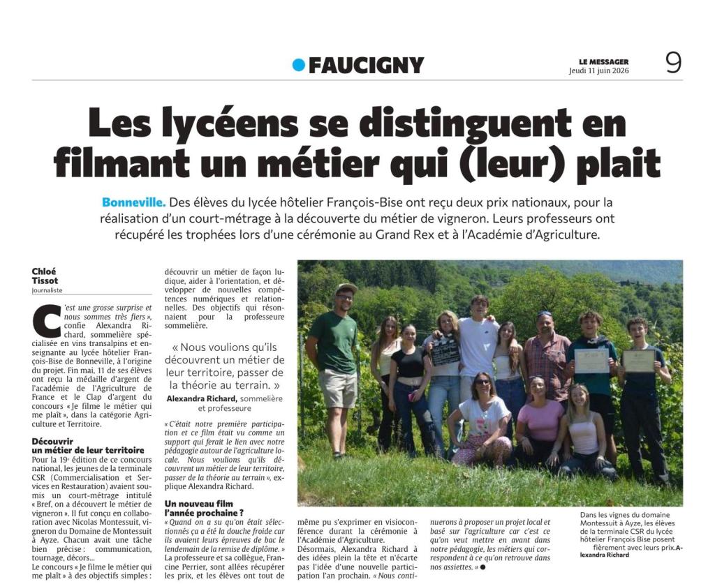 Article Le Messager du 11 juin 2026 – Les lycéens se distinguent en filmant un métier qui leur plaît